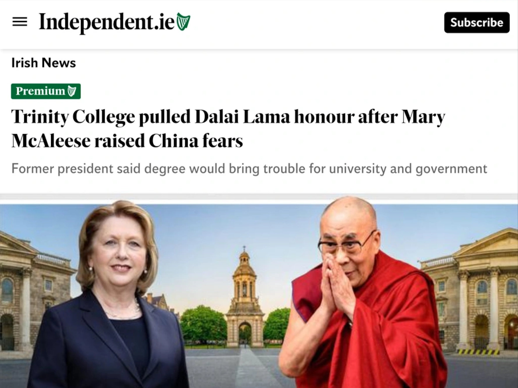 爱尔兰前总统要求该国一大学取消向达赖喇嘛授予荣誉学位遭批屈膝中共