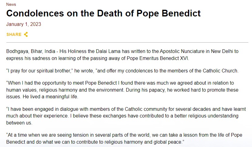 达赖喇嘛致函悼念罗马天主教荣休教皇本笃十六世逝世哀悼